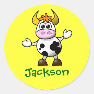 Sticker Rond Cute Cartoon Vache Nom personnalisé Cadeau