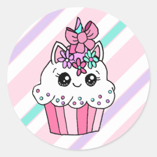 Sticker Rond Cute Cartoon Whimsical Rose Unicorn Cupcake