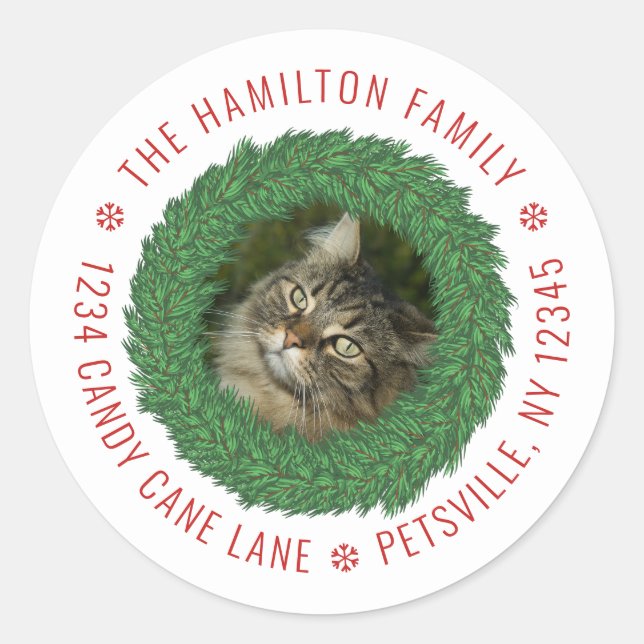 Sticker Rond Cute Cat Christmas Wreath Pet Photo Retour Adresse (Devant)
