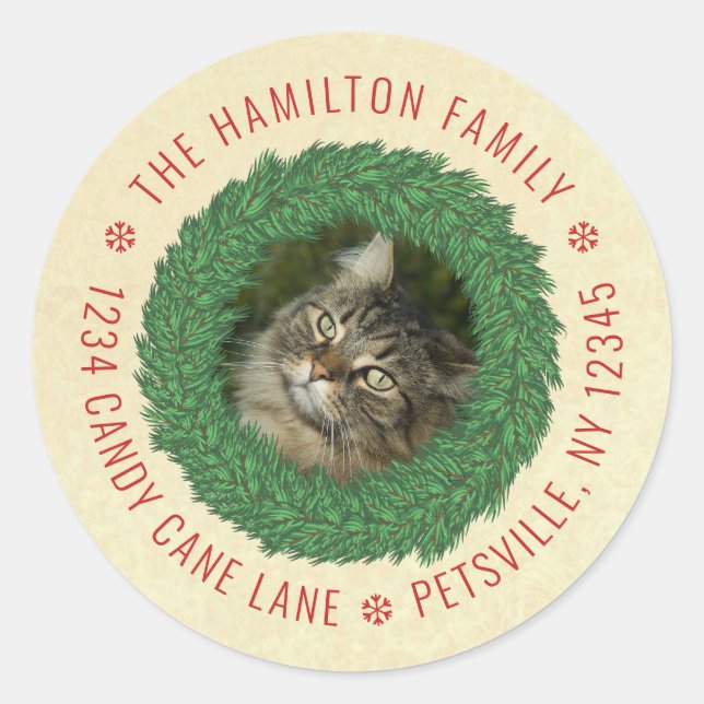 Sticker Rond Cute Cat Christmas Wreath Pet Photo Retour Adresse (Devant)