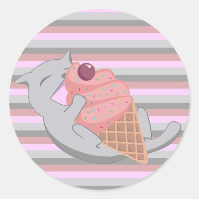 Sticker Rond Cute Cat Eating Ice Cream Striped (Devant)