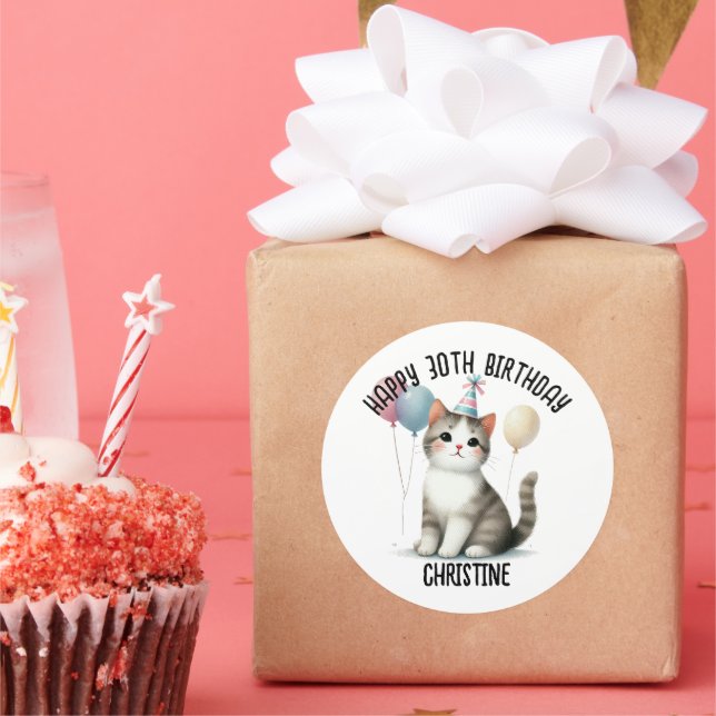 Sticker Rond Cute cat fête d'anniversaire (Fête)