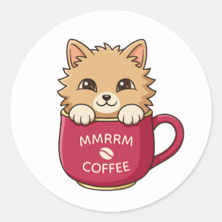 Sticker Rond Cute Cat in Coffee Mug Custom Text