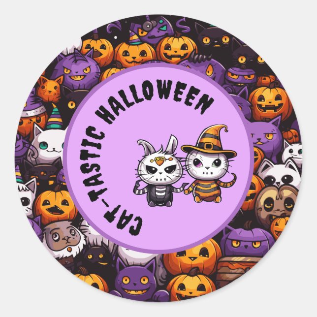 Sticker Rond Cute Cat Kawaii Style Halloween CAT-TASTIC Thème (Devant)