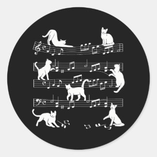 Sticker Rond Cute Cat Kitty Jouer Musique Note Clef Musicien