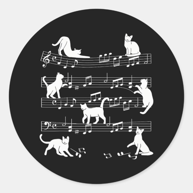 Sticker Rond Cute Cat Kitty Jouer Musique Note Clef Musicien (Devant)