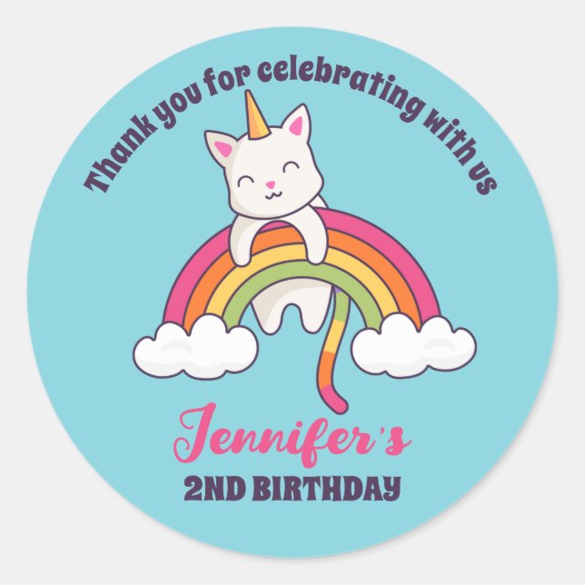 Sticker Rond Cute Cat Unicorn Filles Anniversaire Fête Favorise (Devant)