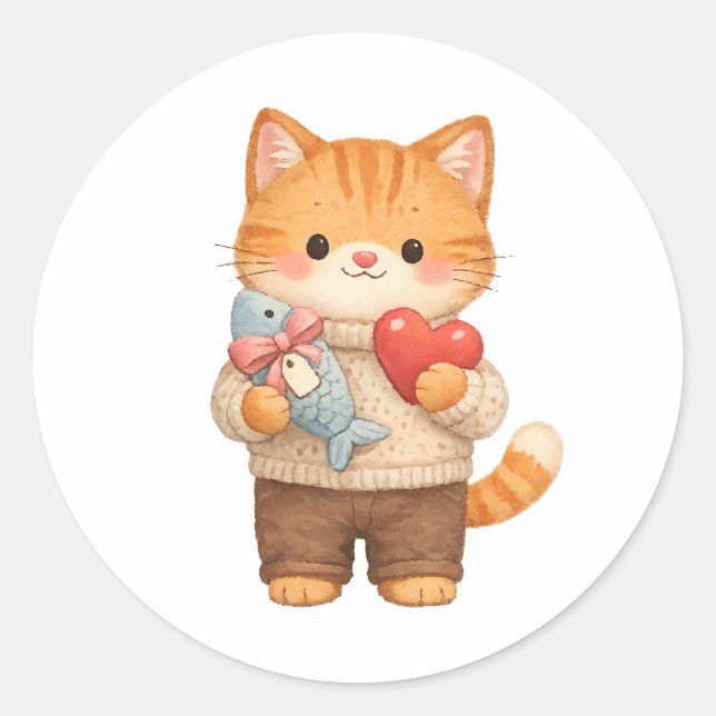 Sticker Rond Cute Cat Valentine Kitten Holding Heart Gift (Devant)