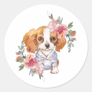 Sticker Rond Cute Cavalier King Charles Spaniel et Fleurs