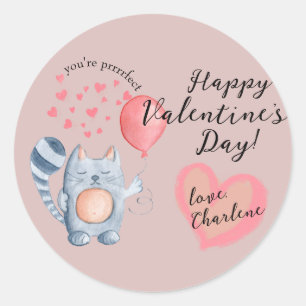 Sticker Rond Cute Chat et Balloon Saint Valentin