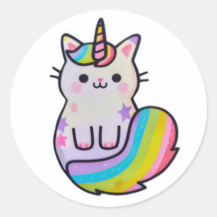 Sticker Rond Cute chat licorne arc-en-ciel