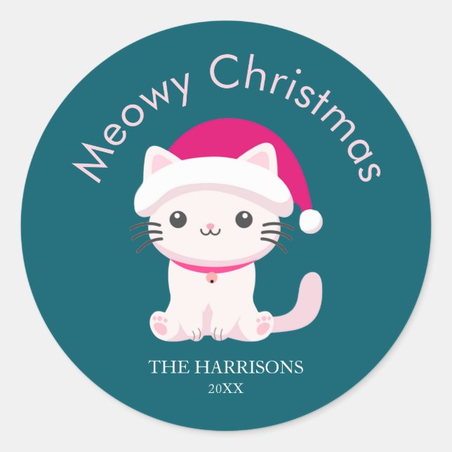 Sticker Rond Cute Chat Meowy Noël Vert (Devant)
