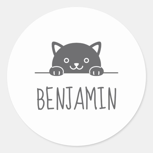 Sticker Rond Cute Chat Noir Pékin au-dessus de Nom Personnalisé (Devant)