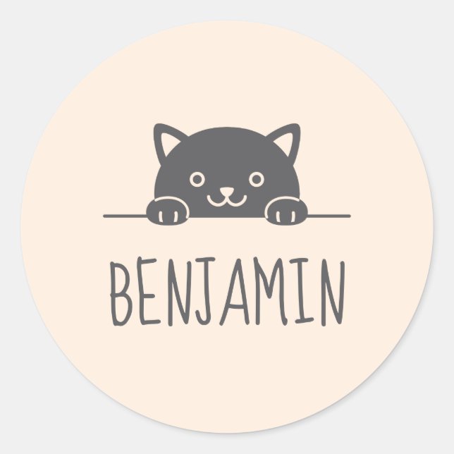 Sticker Rond Cute Chat Noir Pékin au-dessus Nom Personnalisé 2 (Devant)