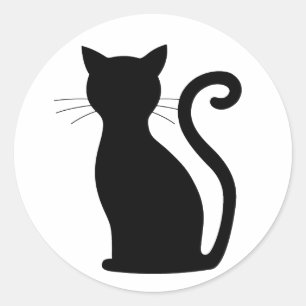 Sticker Rond Cute Chat Noir Silhouette Fun Noir et Blanc