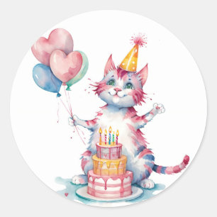 Sticker Rond Cute Chat Rose Gâteau d'anniversaire - Anniversair