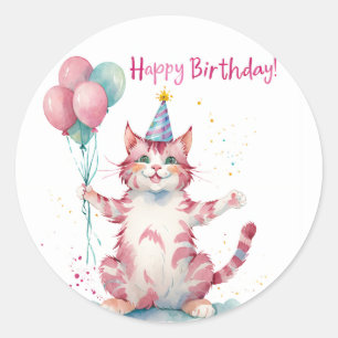 Sticker Rond Cute Chat Rose Gâteau d'anniversaire - Anniversair