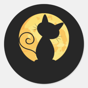 Sticker Rond Cute Chat Silhouette Pleine lune Halloween Funny