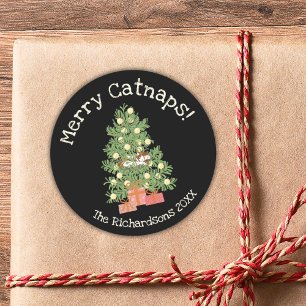 Sticker Rond Cute Chat sur Chistmas Tree Joyeux Catnaps! Black