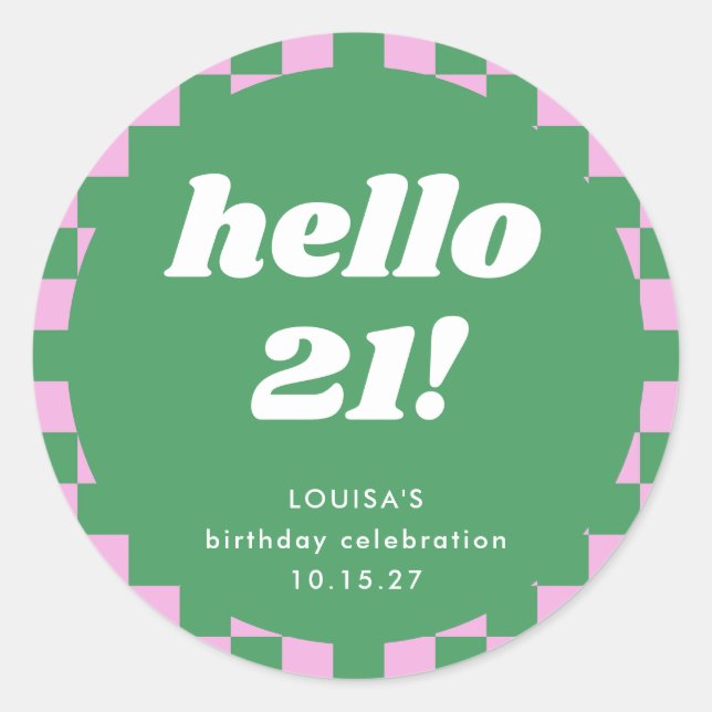 Sticker Rond Cute Checkerboard Rose Vert 21e anniversaire Perso (Devant)