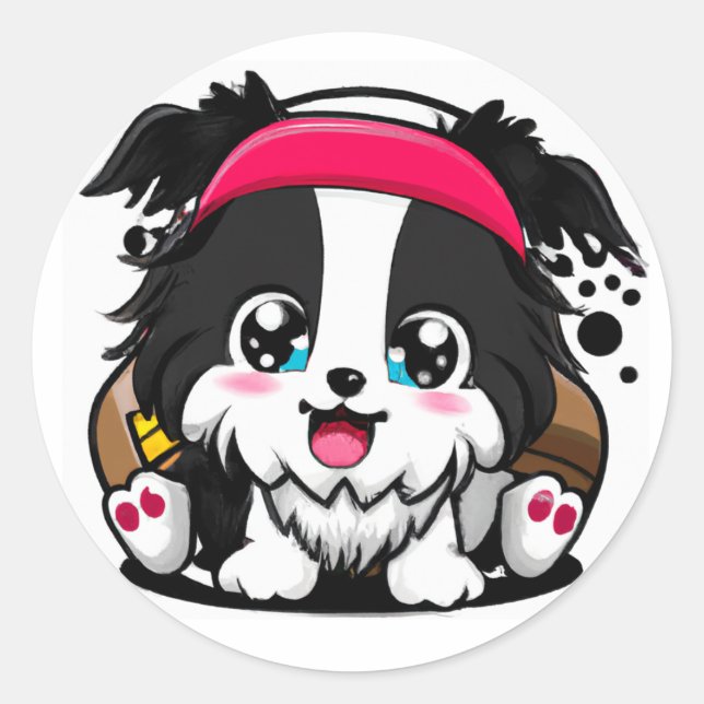 Sticker Rond Cute Chibi Bordure Collie Puppy (Devant)