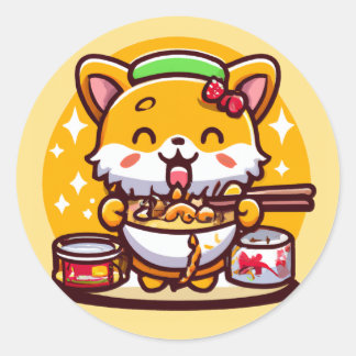 Sticker Rond Cute Chibi Corgi Manger Des Nouilles De Ramen