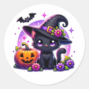 Sticker Rond Cute Chibi Halloween Chat noir et Citrouille