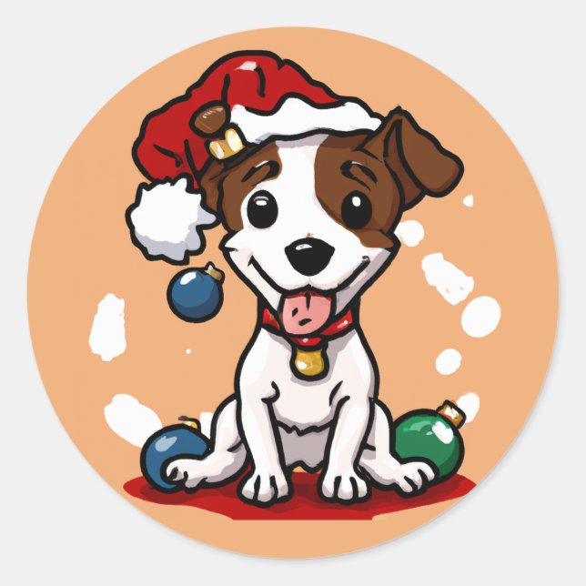 Sticker Rond Cute Chibi Kawaii Jack Russell Terrier Noël (Devant)