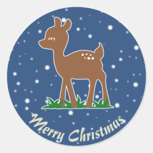 Sticker Rond Cute Chiot Cerf Vintage Bleu Brown Joyeux Noël