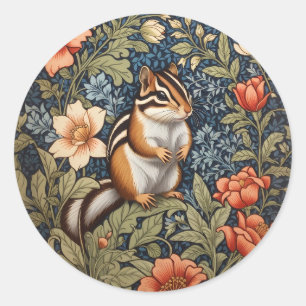 Sticker Rond Cute Chipmunk William Morris Inspiré Floral