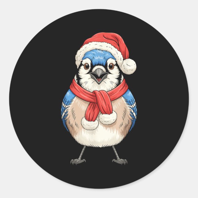Sticker Rond Cute Christmas Blue Jay Santa Bird Watching  (Devant)