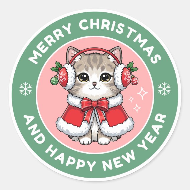 Sticker Rond Cute Christmas Cat Sticke (Devant)