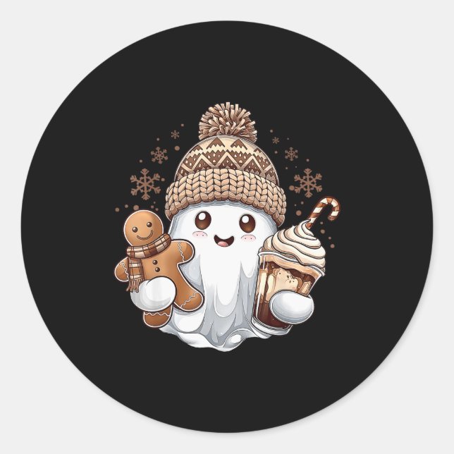 Sticker Rond Cute Christmas Ghost Coffee Gingerbread Boojee Xma (Devant)