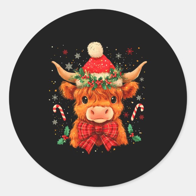 Sticker Rond Cute Christmas Highland Cow Mooey Xmas Heifer Sant (Devant)