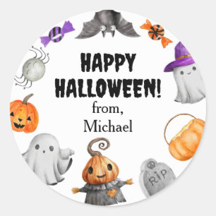 Sticker Rond Cute Citrouille Fantôme & Chauve-souris Halloween