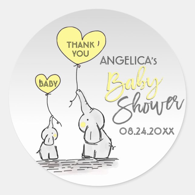 Sticker Rond Cute Coeur JAUNE Elephant maman & Baby shower (Devant)