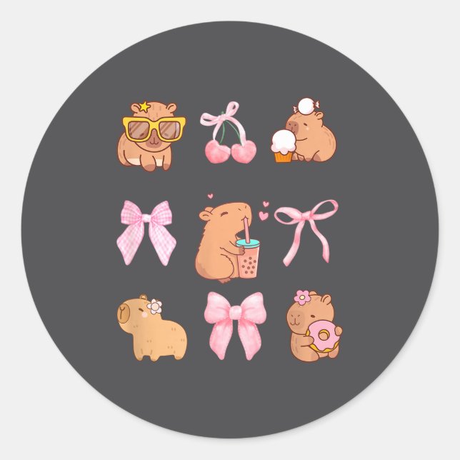 Sticker Rond Cute Coquette Bow Capybara Pajamas Pjs Clothes Gir (Devant)