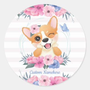 Sticker Rond Cute Corgi Fleur de Chien Wreath Bleu Papillon Per