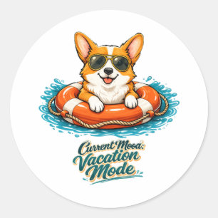 Sticker Rond Cute Corgi "Vacation Mode" Summer Design