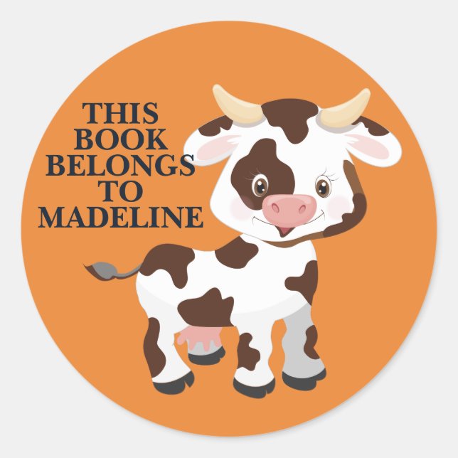 Sticker Rond Cute Cow Orange Nom de l'enfant Plaque d'enregistr (Devant)