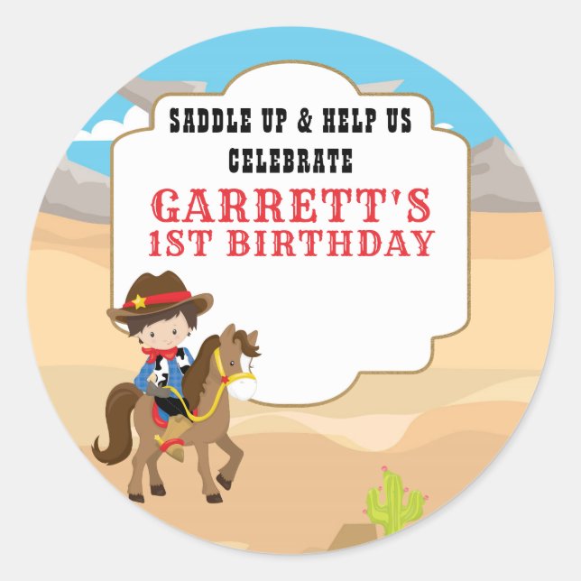 Sticker Rond Cute Cowboy 1ère fête d'anniversaire (Devant)