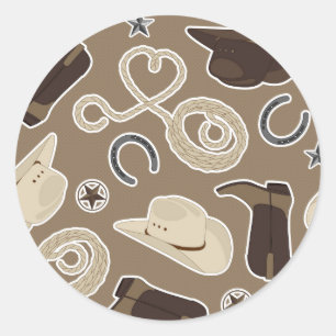 Sticker Rond Cute Cowboy Theme Motif Brown