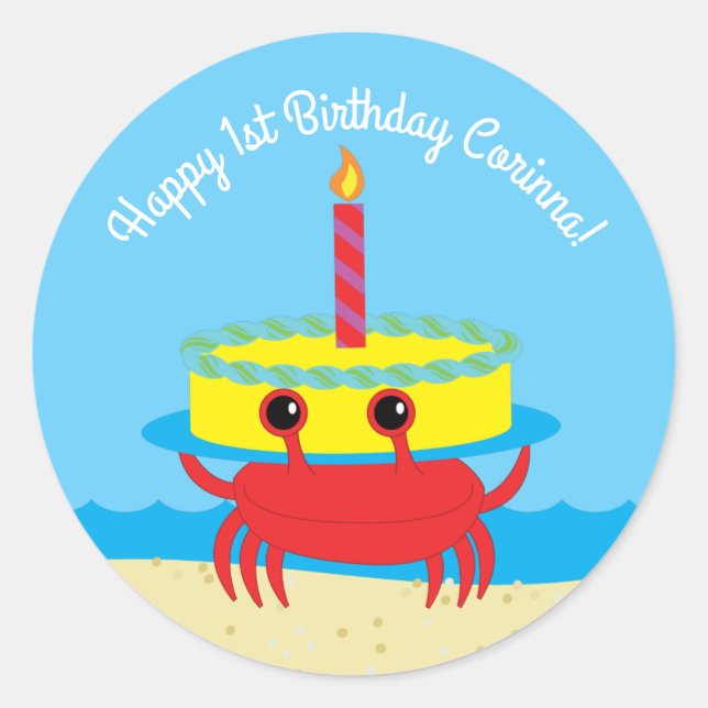 Sticker Rond Cute Crab Beach Fête d'anniversaire pour enfants (Devant)