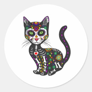 Sticker Rond Cute Crâne Sucre Mexicaine Chat Halloween Jour De