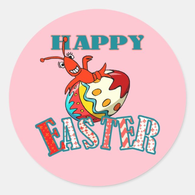 Sticker Rond Cute Crawfish Joyeux Pâques (rose) (Devant)