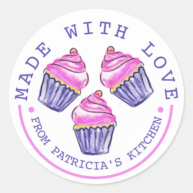 Sticker Rond Cute Cupcakes Roses Fabriqués Avec Baking Amoureux (Devant)