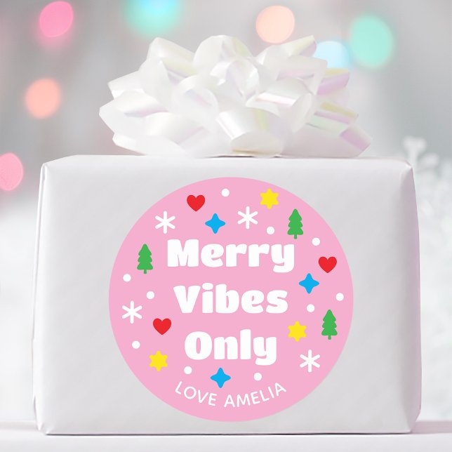 Sticker Rond Cute Custom Name Holiday Retro Pink Christmas (Créateur téléchargé)