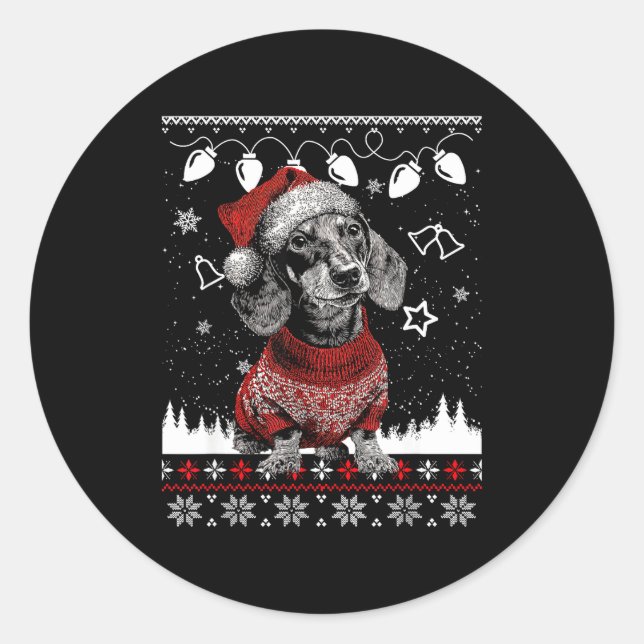 Sticker Rond Cute Dachshund Christmas Wearing Sweater Funny Xma (Devant)