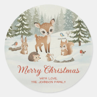 Sticker Rond Cute Deer and Woodland Animals Merry Christmas