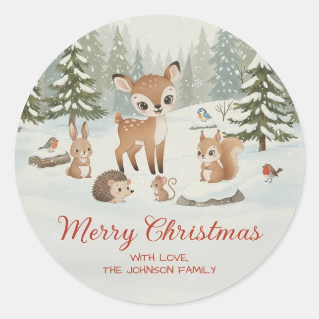 Sticker Rond Cute Deer and Woodland Animals Merry Christmas (Devant)